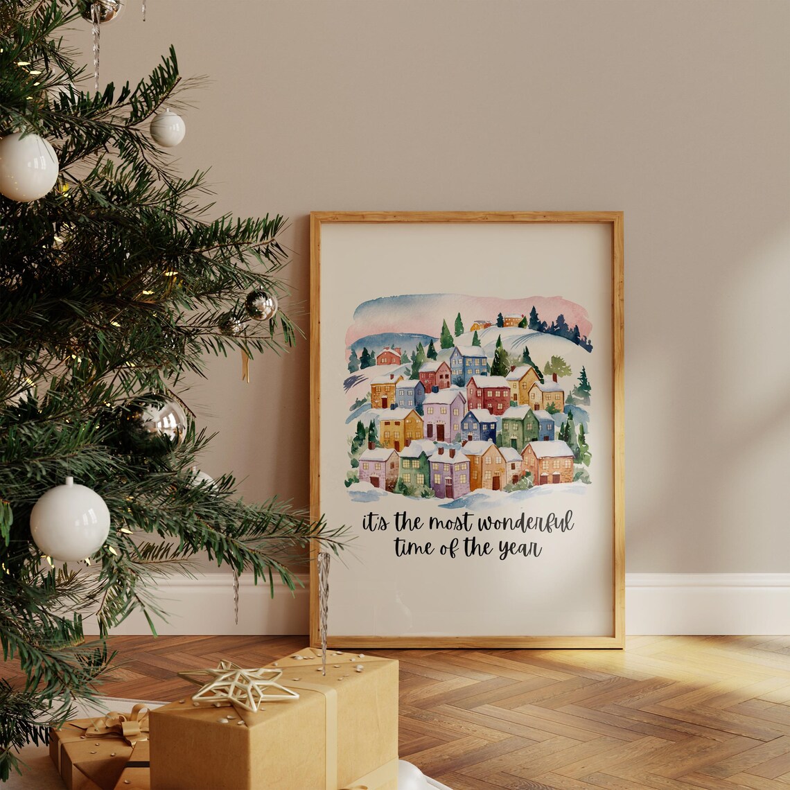 Watercolor Snowy Village Most Wonderful Time of Year Christmas Poster - Image 5