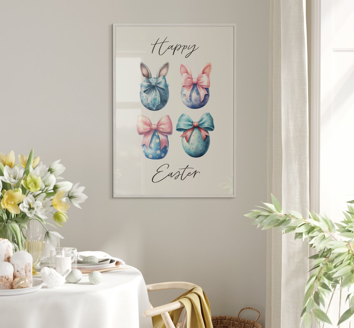 Happy Easter Bunny Ear Eggs with Pink Bows Watercolor Poster - Image 5