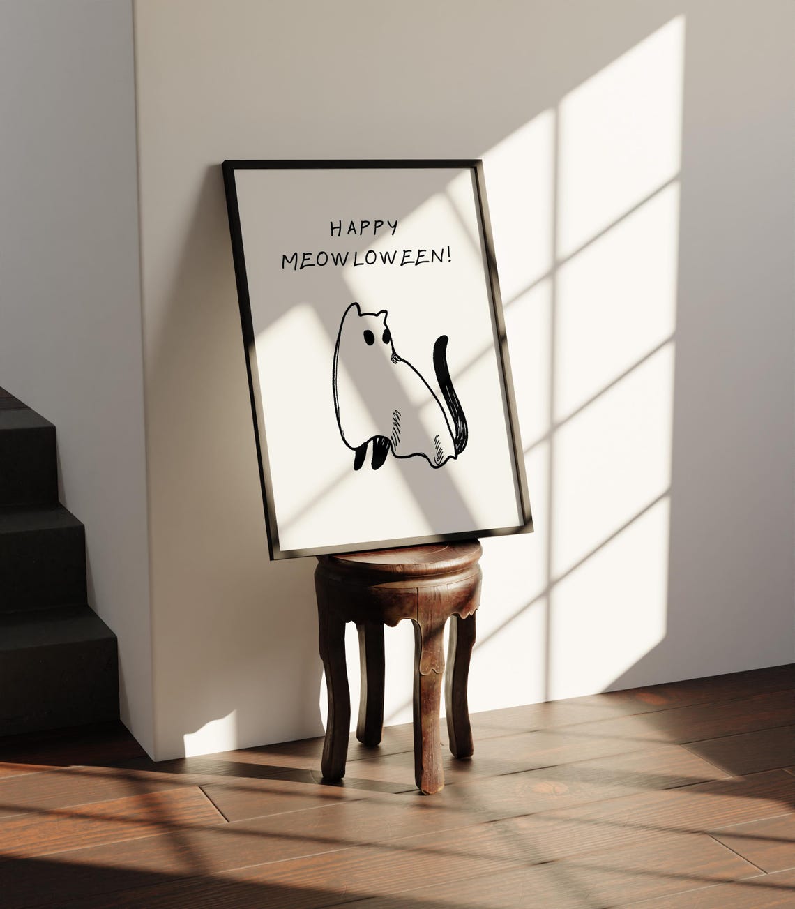 Happy Meowloween Ghost Cat Ink Sketch Cute Minimalist Halloween Poster - Image 2