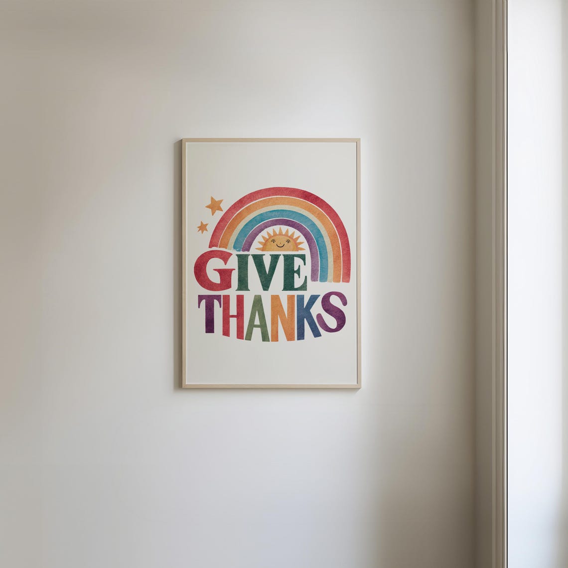 Give Thanks Rainbow Sun Watercolor Thanksgiving Fall Art Poster - Image 3