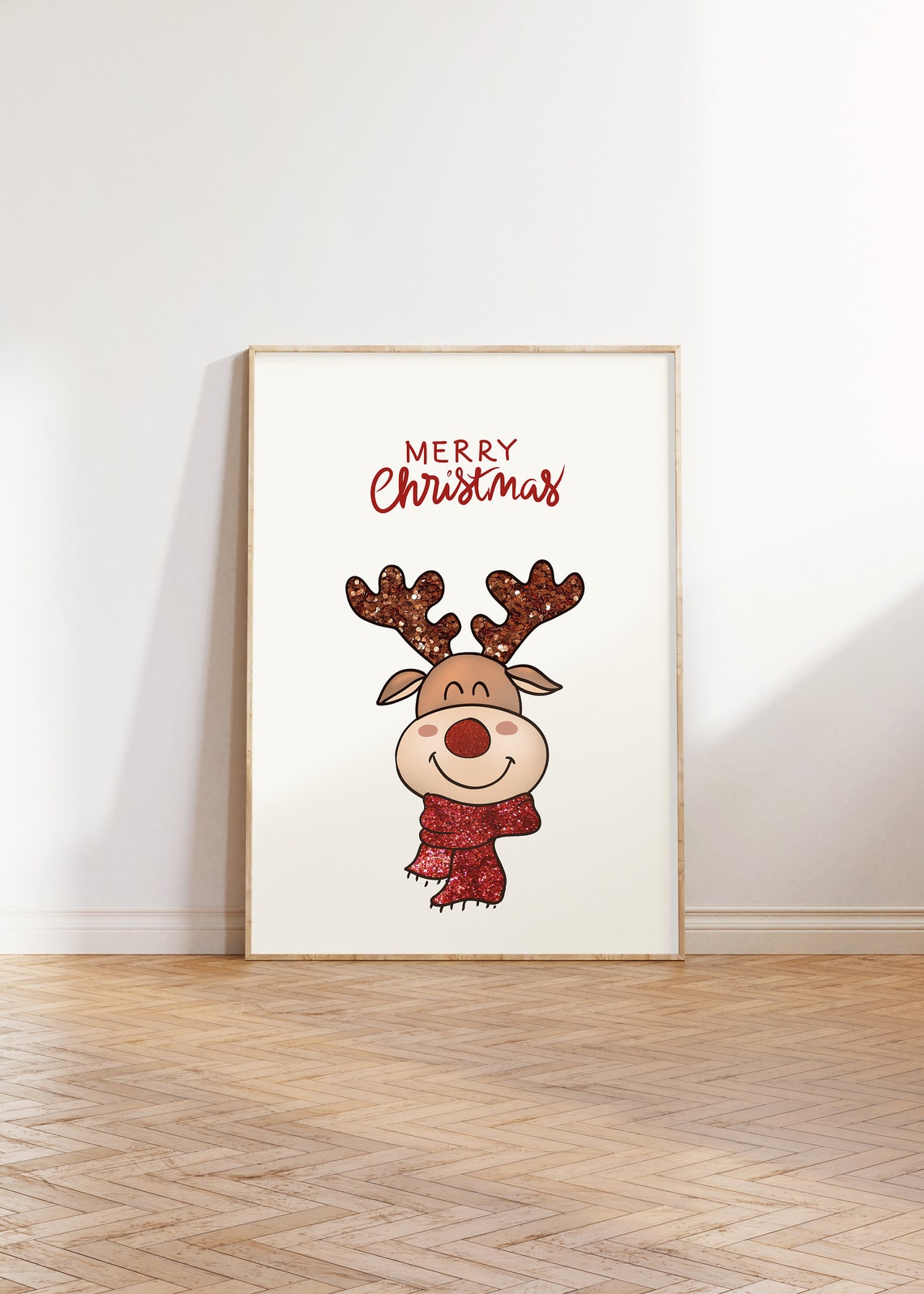 Merry Christmas Cartoon Reindeer With Glitter Antlers Poster - Image 3