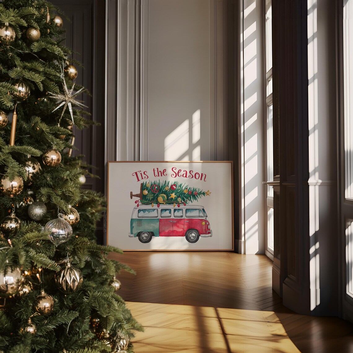 Tis The Season Retro VW Bus Christmas Tree Watercolor Poster - Image 2