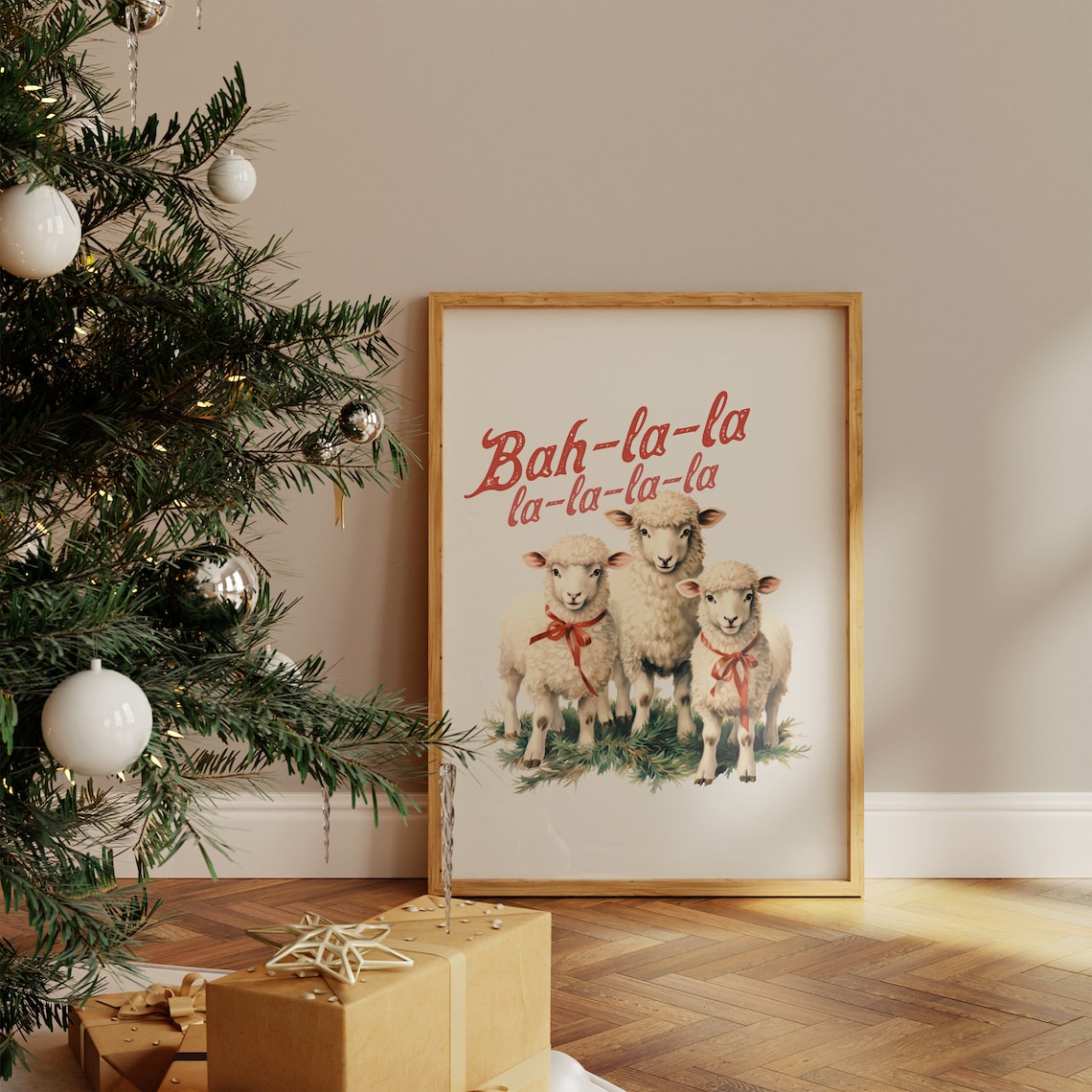 Bah La La Christmas Three Sheep With Red Bows Farmhouse Poster - Image 4