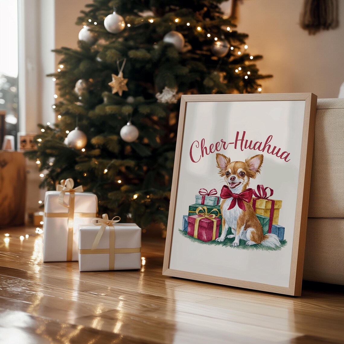 Cheer-Huahua Christmas Poster with Chihuahua Among Holiday Gifts - Image 4