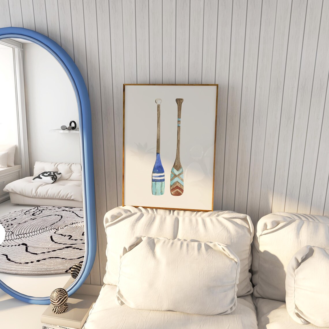 Two Painted Wooden Oars Blue Turquoise Watercolor Nautical Decor Poster - Image 5