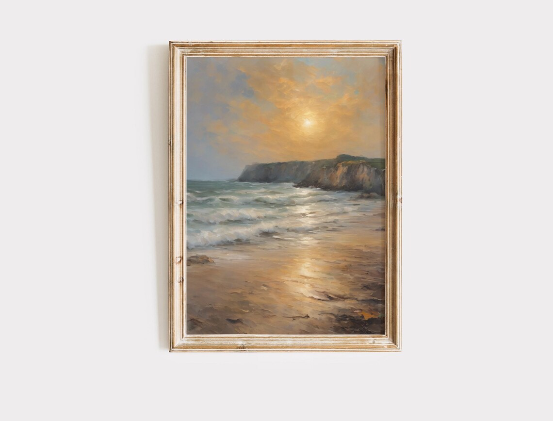 Vintage Golden Coastal Sunset Waves On Rocky Shore Art Poster - Image 5