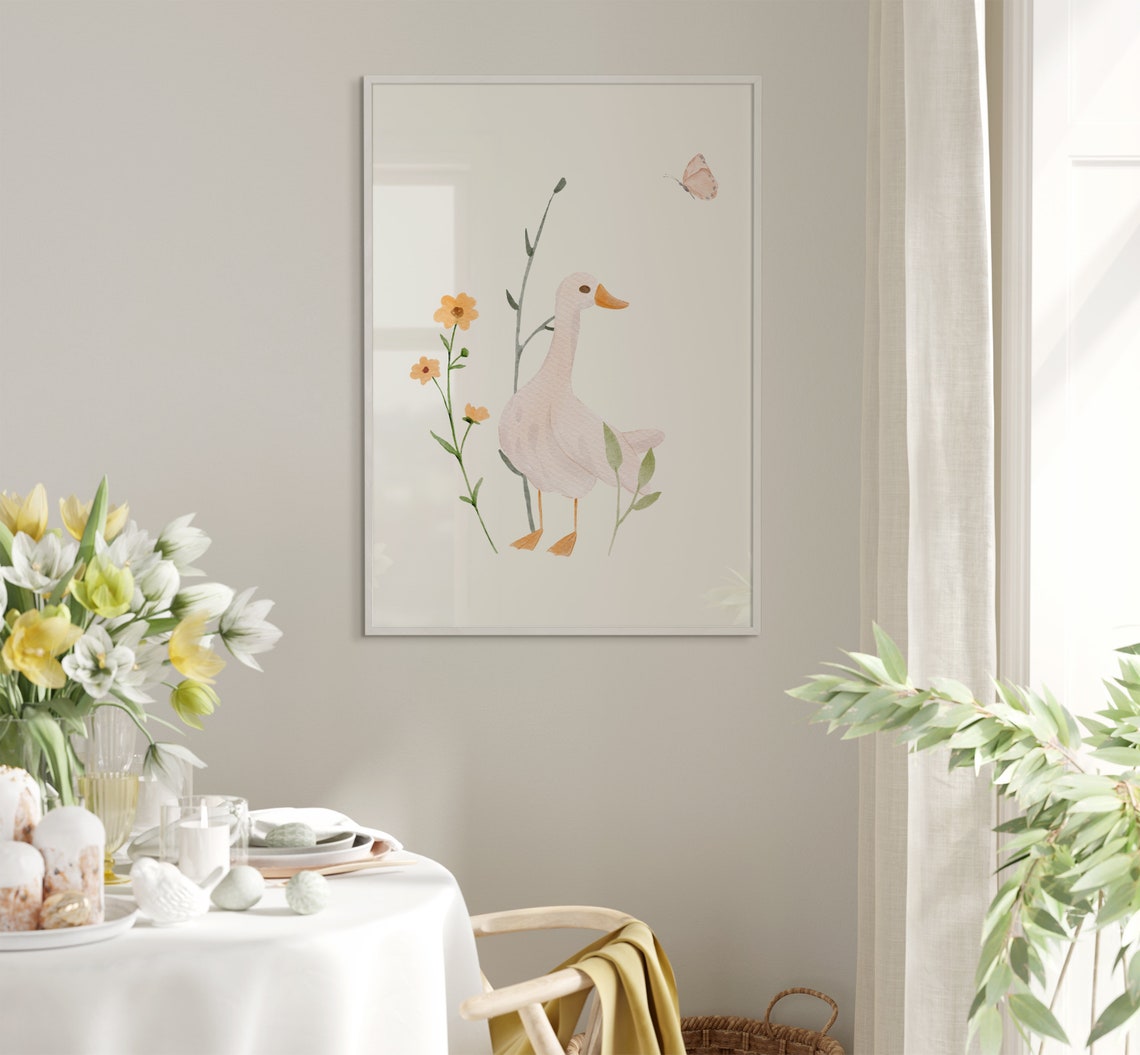 White Duck With Orange Wildflowers Watercolor Nursery Poster - Image 5