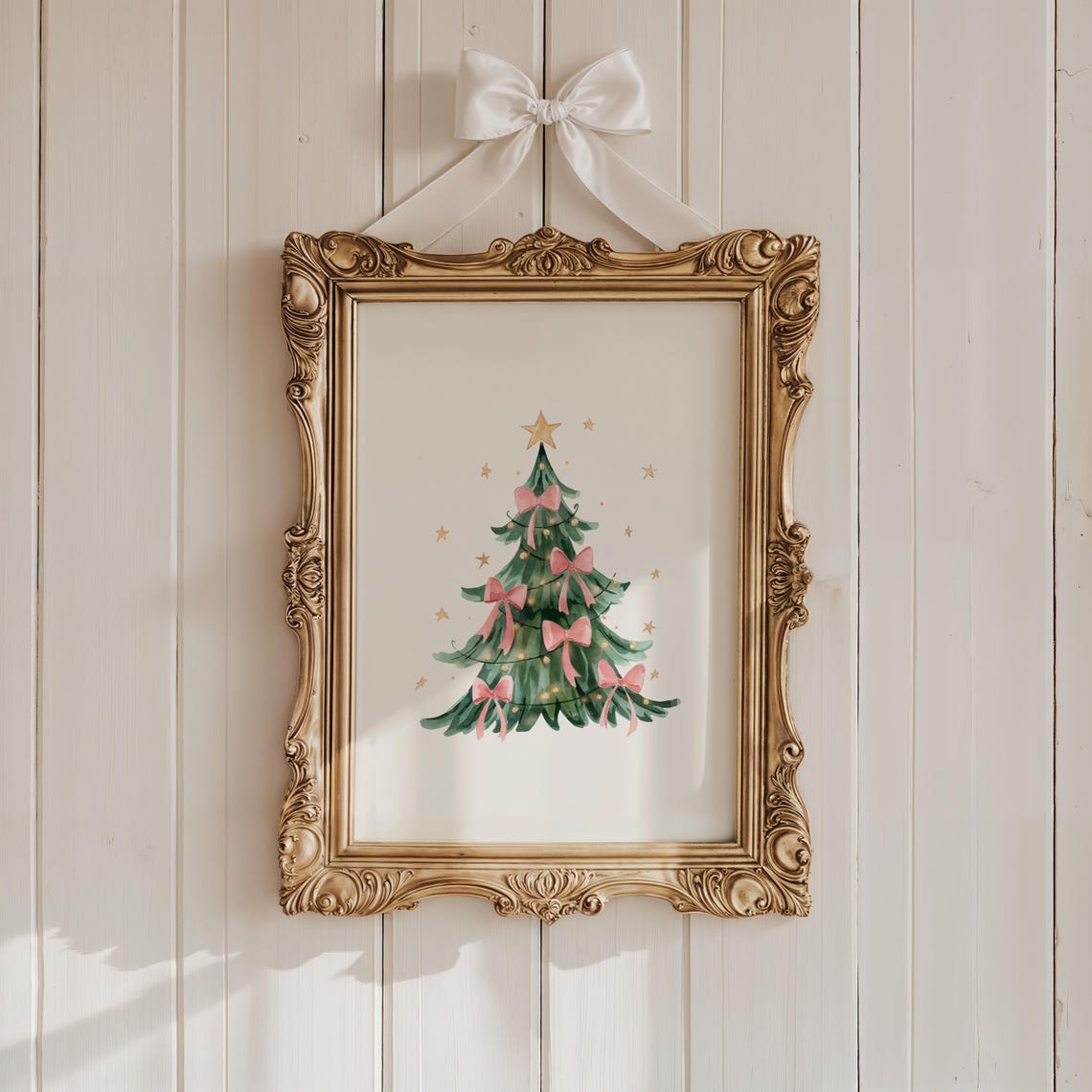 Coquette Pink Bow Christmas Tree Gold Star Watercolor Wall Art - Image 4