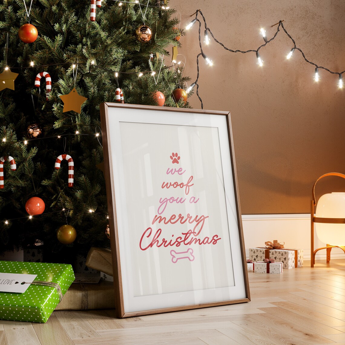 We Woof You A Merry Christmas Pink Tree Script Dog Lover Poster - Image 3