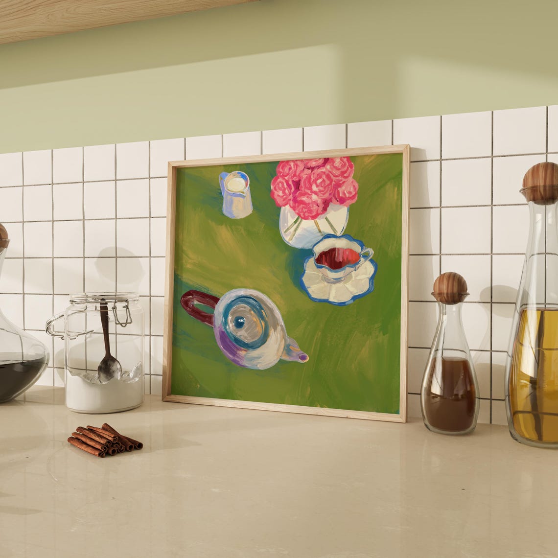 Bright Maximalist Tea Time Teapot Roses Colorful Kitchen Wall Art - Image 3