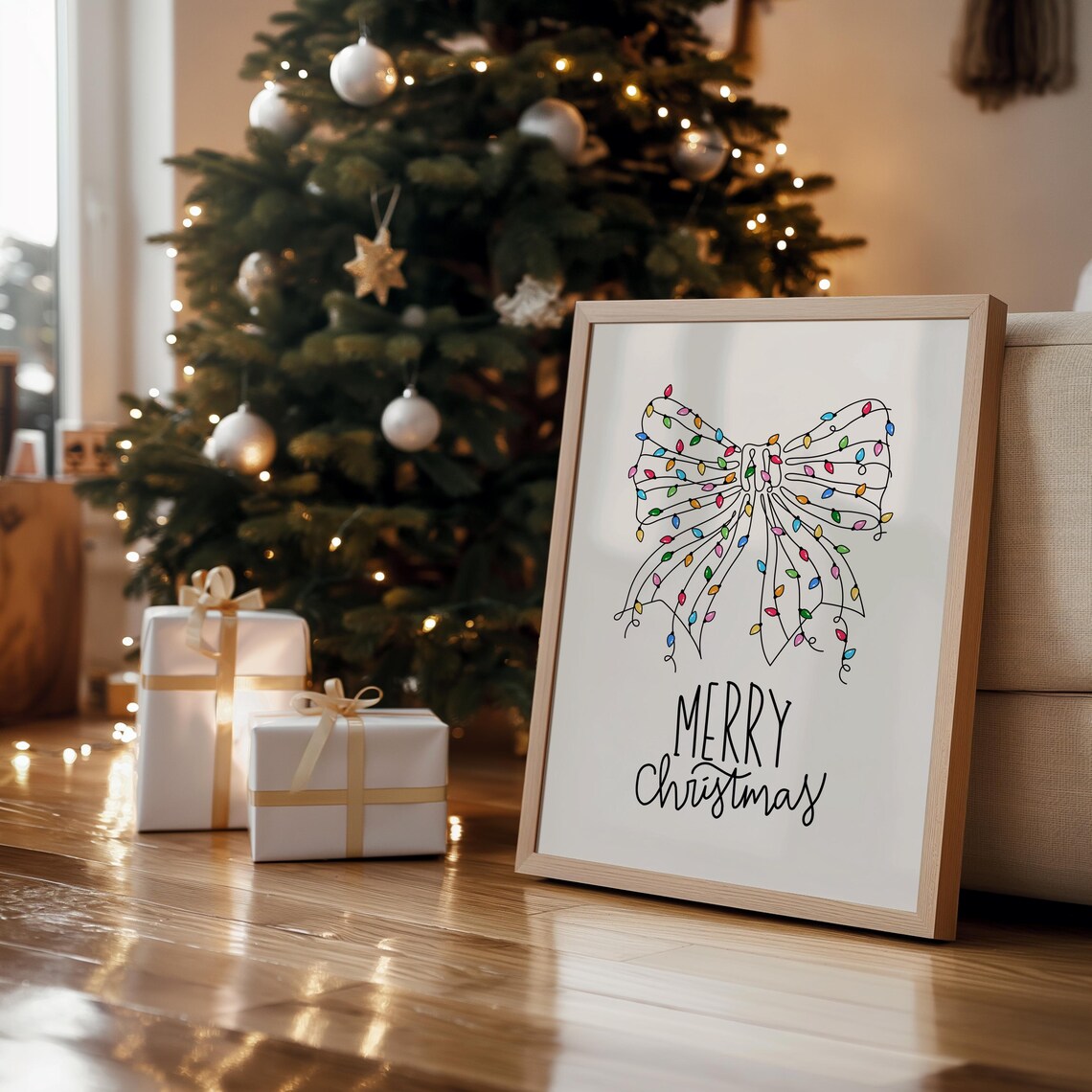 Merry Christmas Bow Made of Fairy Lights Minimalist Holiday Poster - Image 2