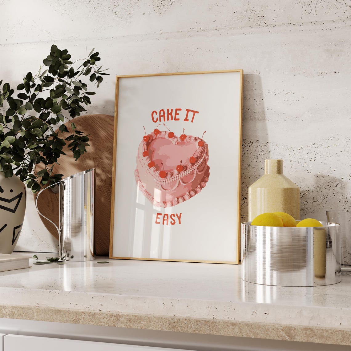 Cake It Easy Heart Shaped Pink Cherry Cake Bakery Kitchen Poster - Image 5