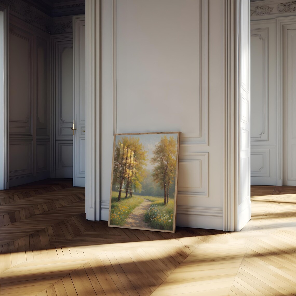 Golden Autumn Woodland Path With Wildflowers Nature Art Poster - Image 3