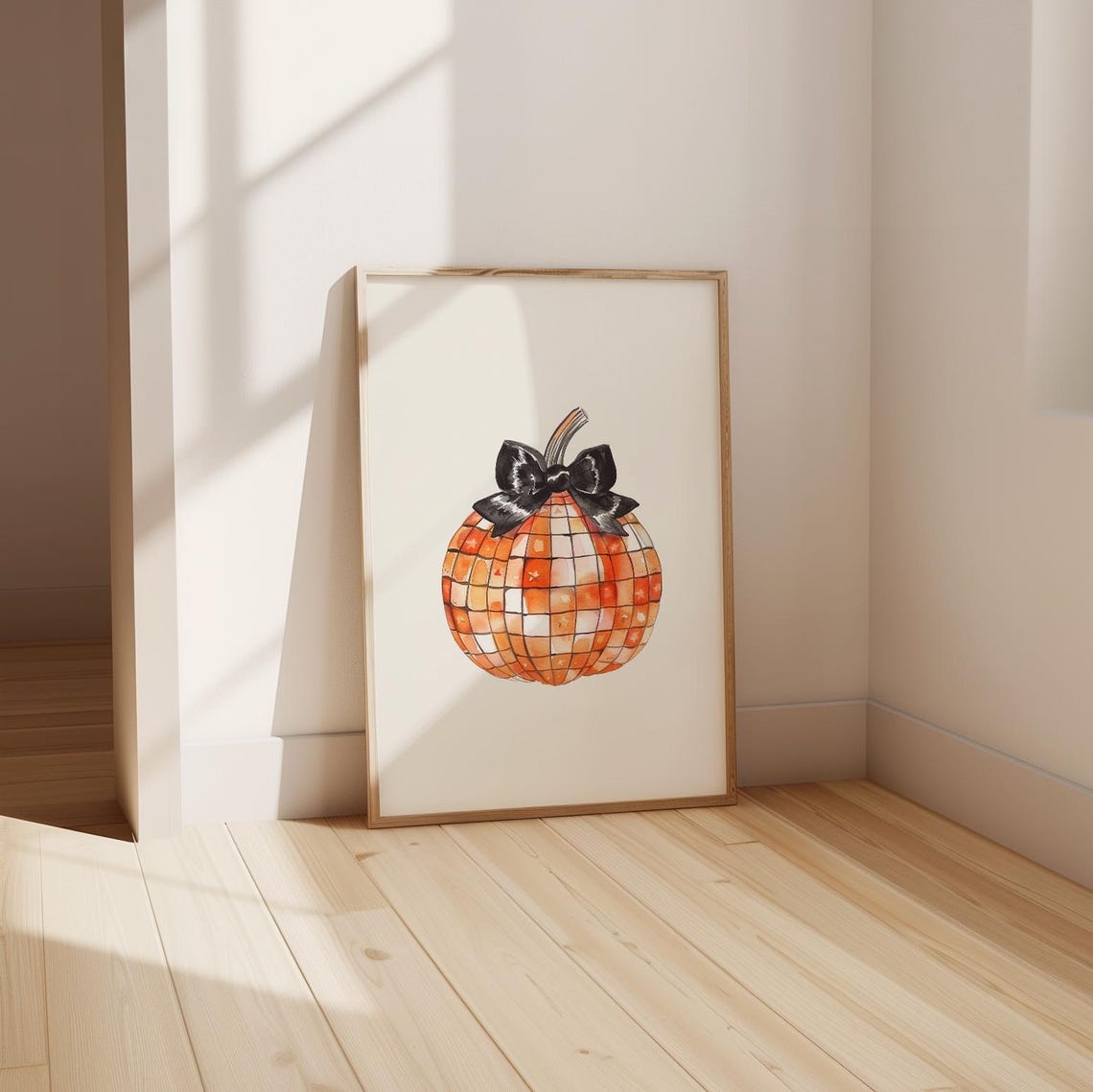 Disco Ball Pumpkin With Black Bow Watercolor Fall Art Poster - Image 2