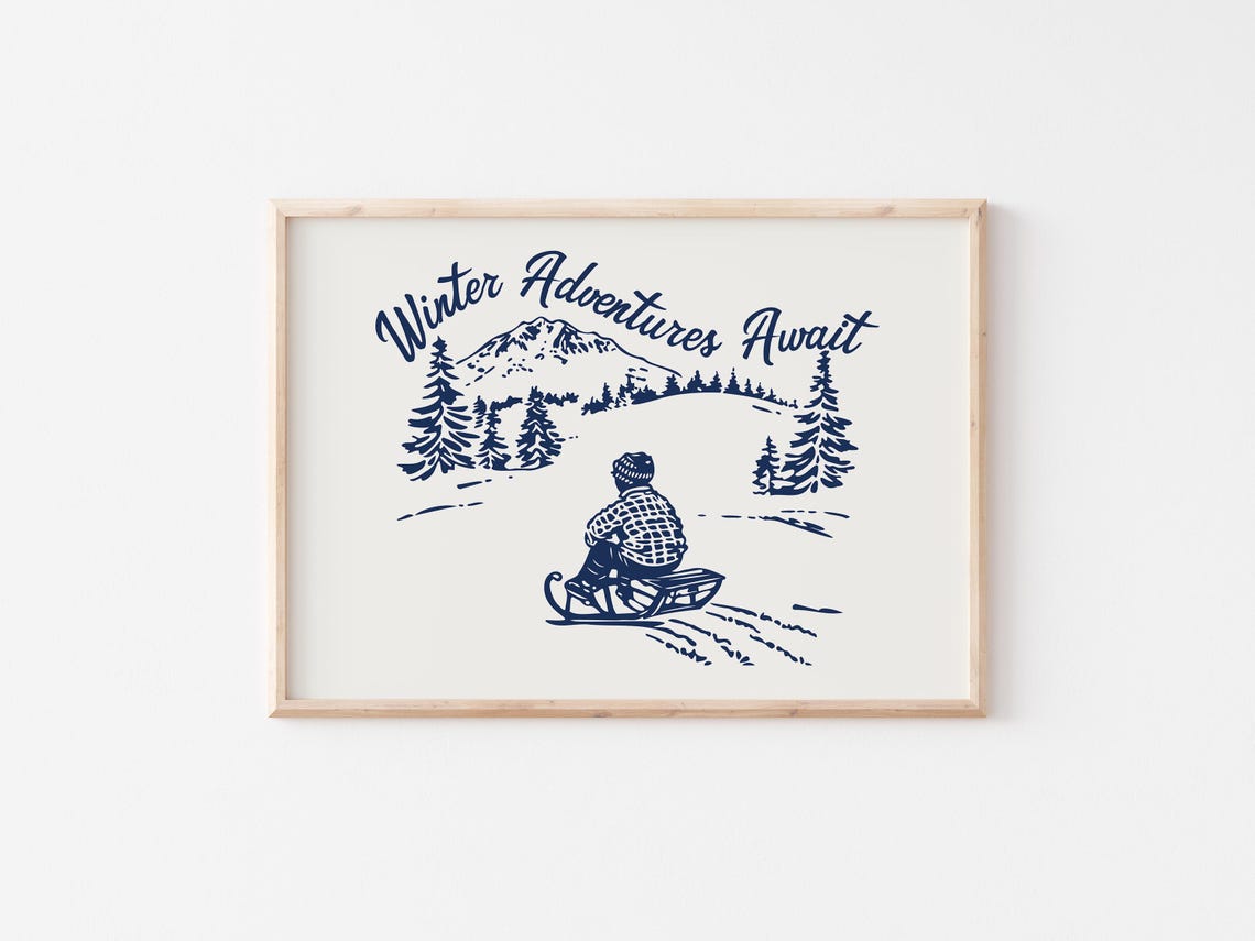 Winter Adventures Await Navy Sledding Scene Snowy Mountain Poster - Image 3
