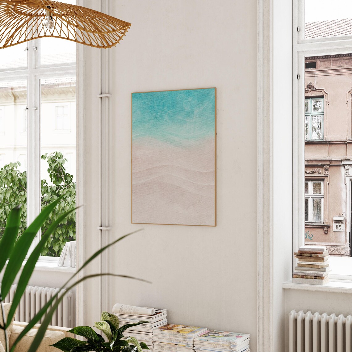 Turquoise Ocean Waves Fading Into Blush Pink Sandy Shore Poster - Image 3