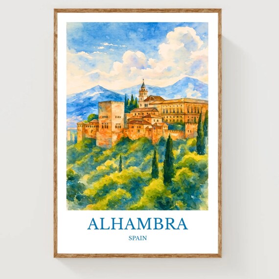 Alhambra Spain Palace Fortress Hillside Watercolor Travel Poster