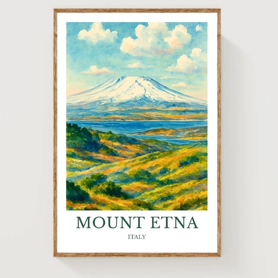 Mount Etna Italy Watercolor Snow Capped Volcano Landscape Poster