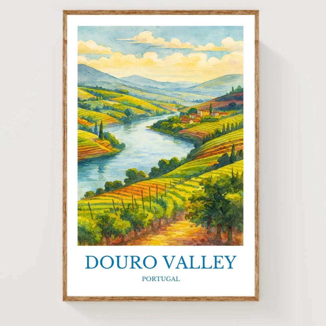 Douro Valley Portugal Terraced Vineyard River Watercolor Travel Poster