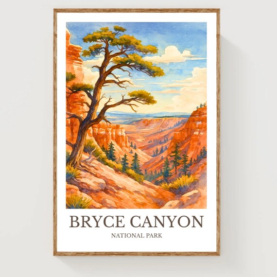 Bryce Canyon National Park Red Hoodoos Pine Watercolor Poster