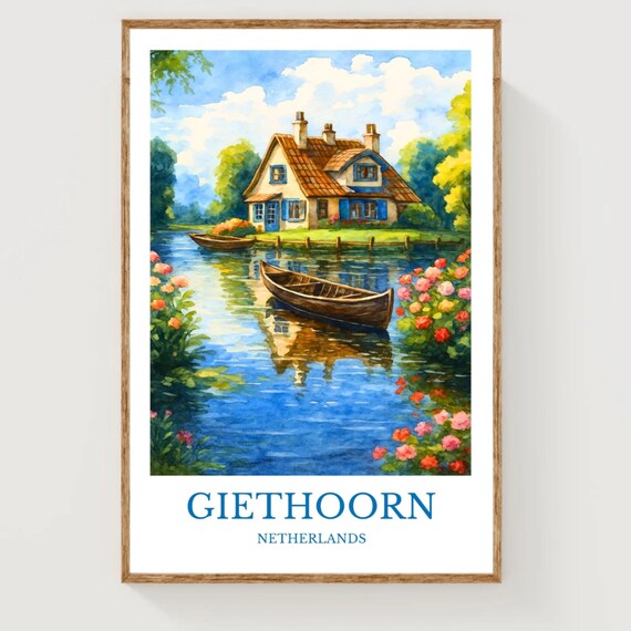 Giethoorn Netherlands Canal Boats Charming Village Watercolor Poster