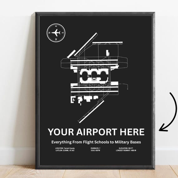 Custom Airport Poster, Runway Layout Blueprint Map