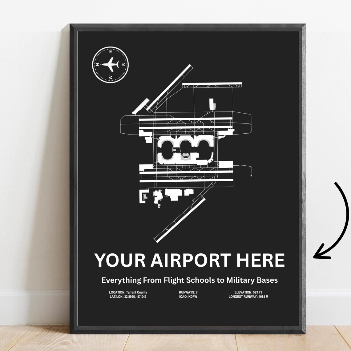 Custom Airport Poster, Runway Layout Blueprint Map