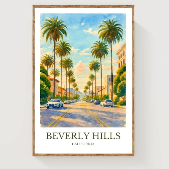 Beverly Hills California Watercolor Palm Lined Street Travel Poster