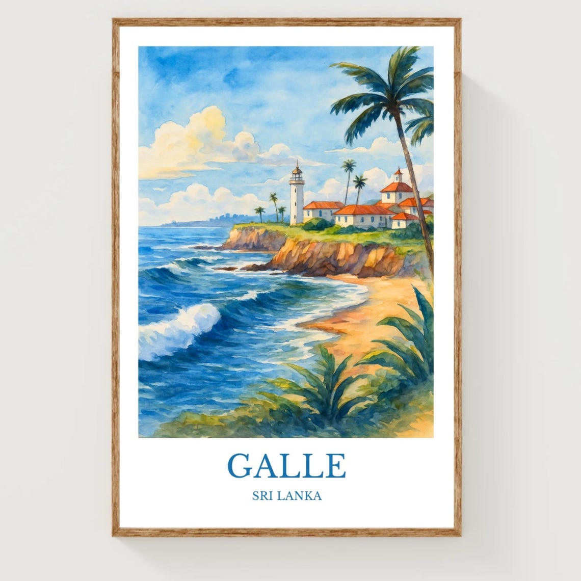 Galle Sri Lanka Lighthouse Cliffs Coastal Watercolor Travel Print