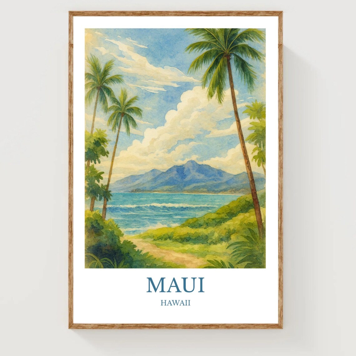Maui Hawaii Watercolor Palm Beach Island Tropical Travel Poster