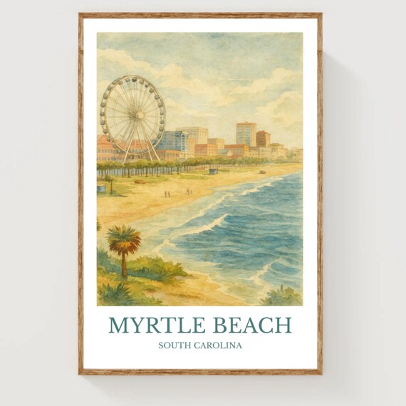 Myrtle Beach Ferris Wheel Boardwalk Watercolor Travel Poster