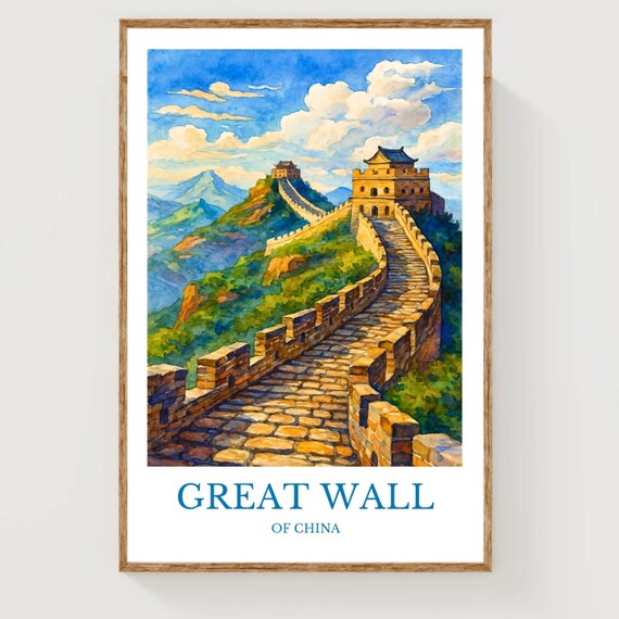 Great Wall of China Watercolor Landmark Vintage Travel Poster