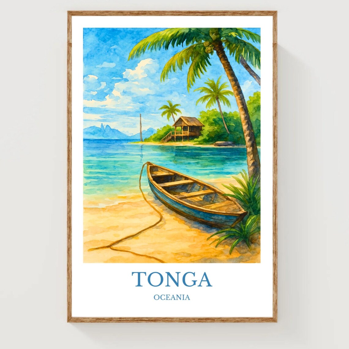 Tonga Oceania Wooden Boat Palm Beach Hut Watercolor Travel Poster