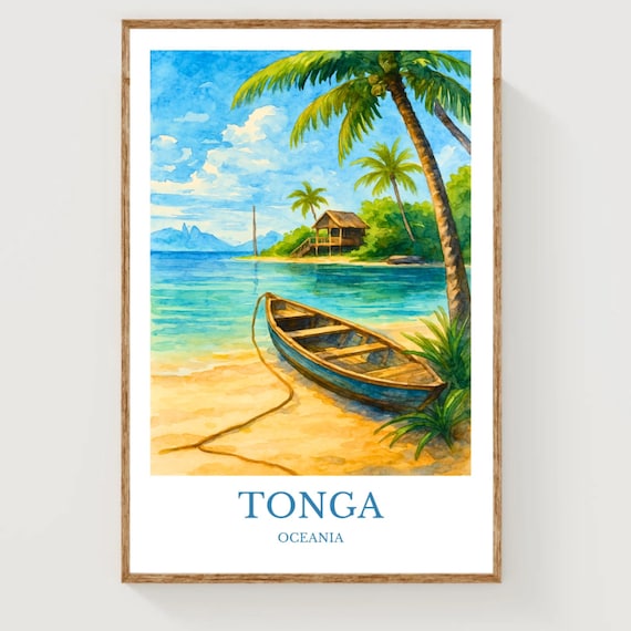 Tonga Oceania Wooden Boat Palm Beach Hut Watercolor Travel Poster