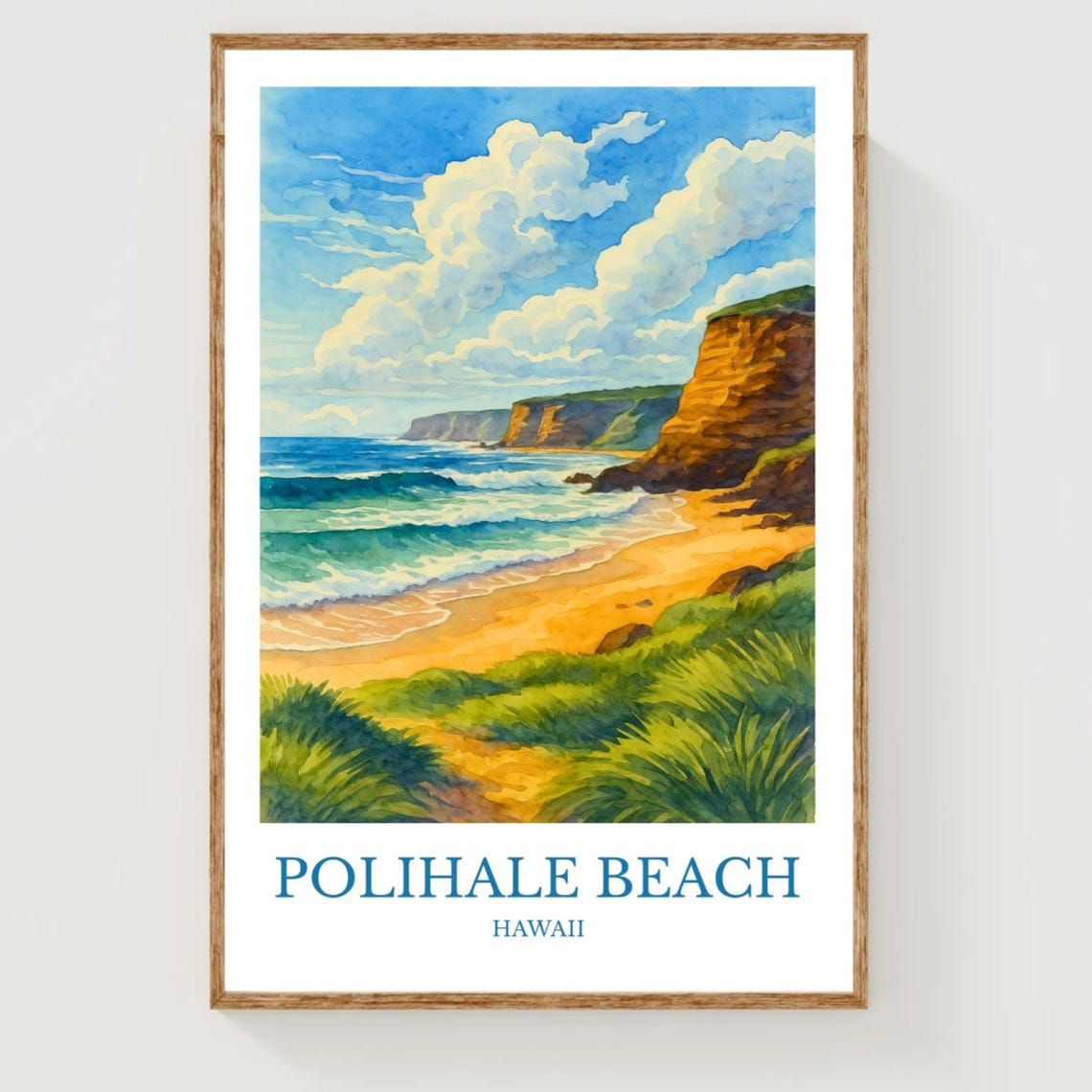 Polihale Beach Hawaii Golden Cliffs Ocean Watercolor Travel Wall Art
