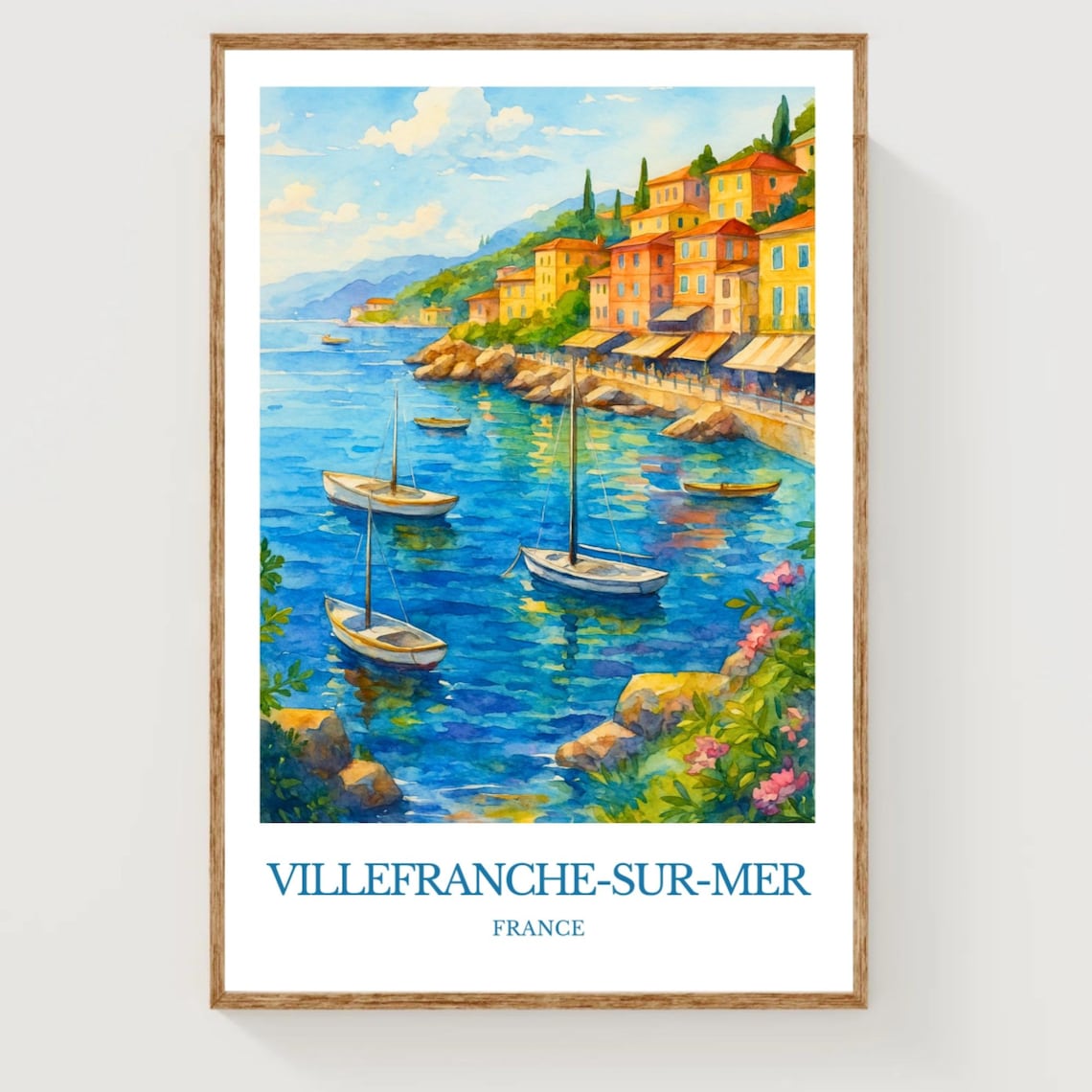Villefranche-sur-Mer France Harbor Sailboats Riviera Watercolor Poster