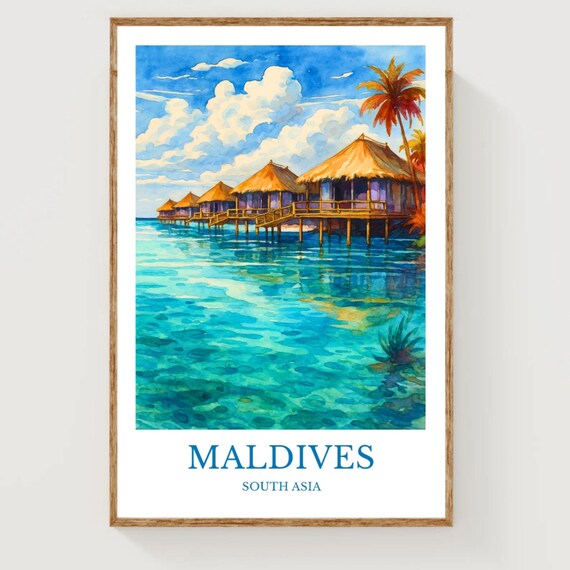 Maldives Overwater Bungalows Tropical Watercolor Travel Poster