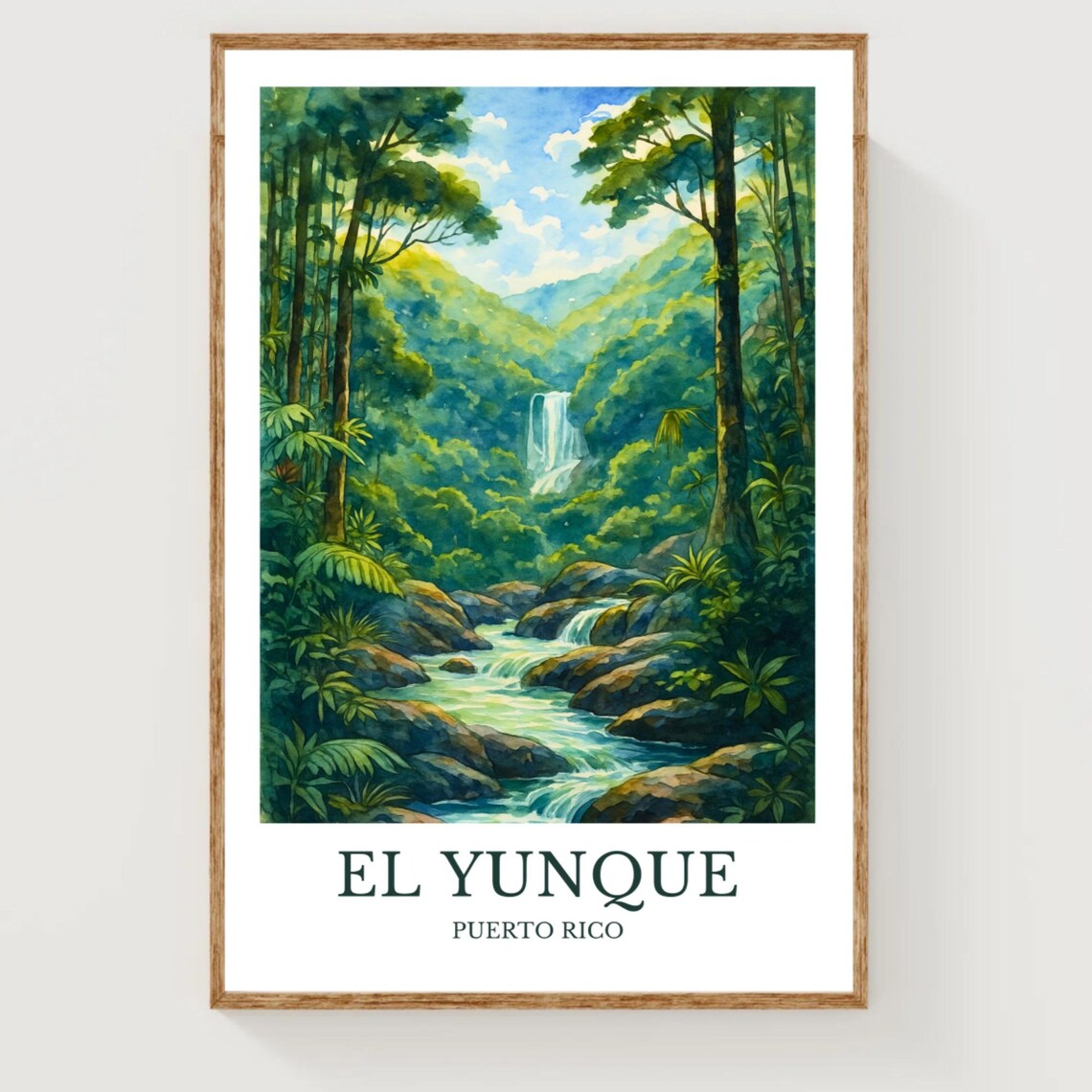 El Yunque Rainforest Waterfall Watercolor Travel Poster Puerto Rico Art