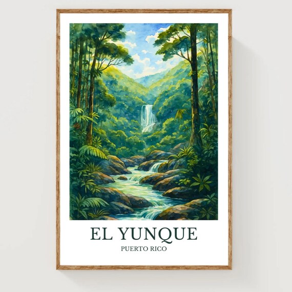 El Yunque Rainforest Waterfall Watercolor Travel Poster Puerto Rico Art