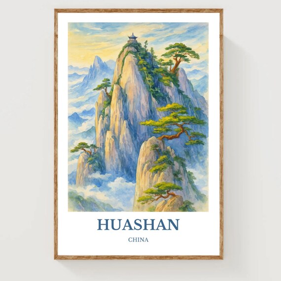 Huashan China Granite Peaks Watercolor Mountain Travel Poster