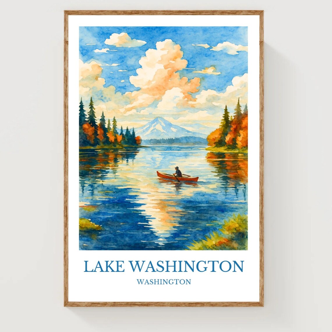 Lake Washington Canoeist Mountain Reflection Watercolor Travel Poster