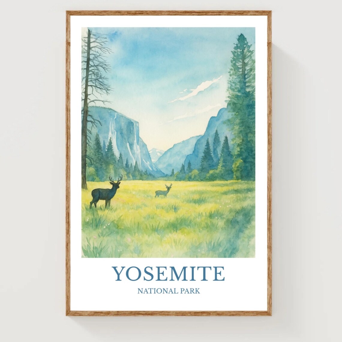 Yosemite National Park Watercolor Deer Meadow Valley Travel Poster
