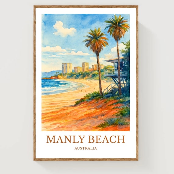 Manly Beach Australia Surf Coast Palms Watercolor Travel Poster