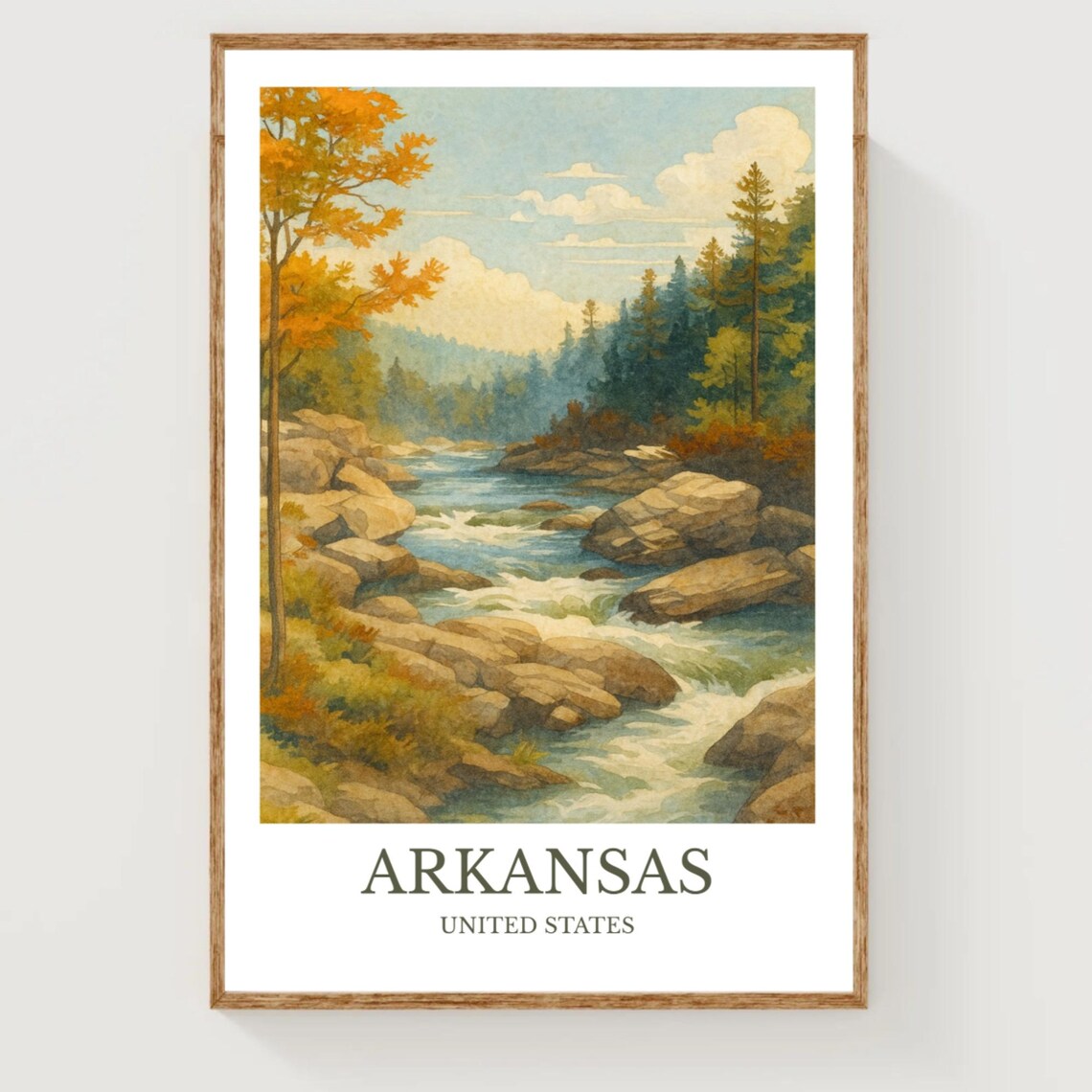 Arkansas Rocky River Autumn Hardwood Forest Watercolor Travel Poster