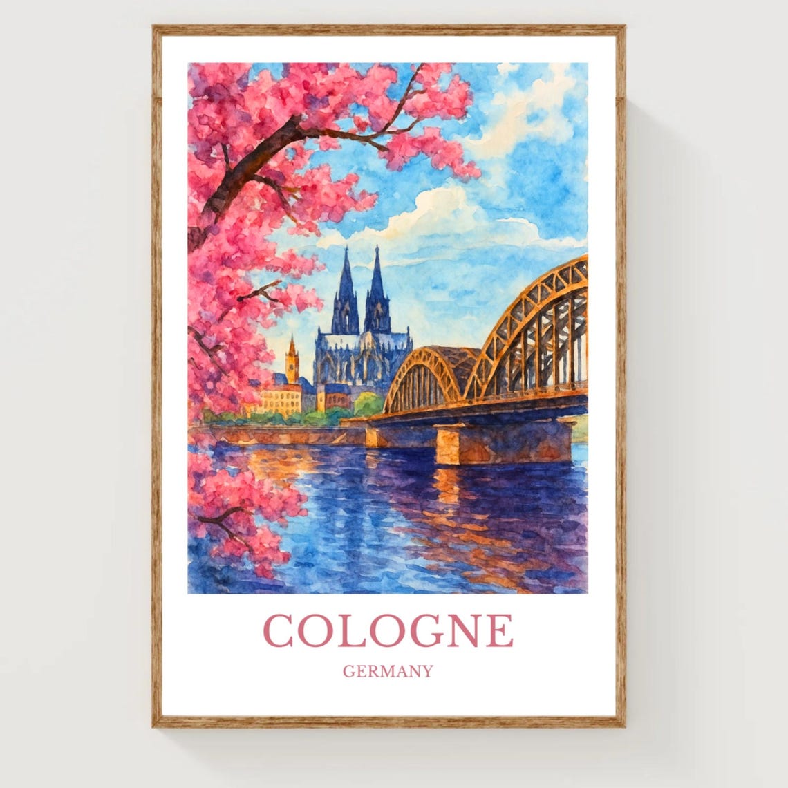 Cologne Germany Cathedral Bridge Cherry Blossom Watercolor Poster
