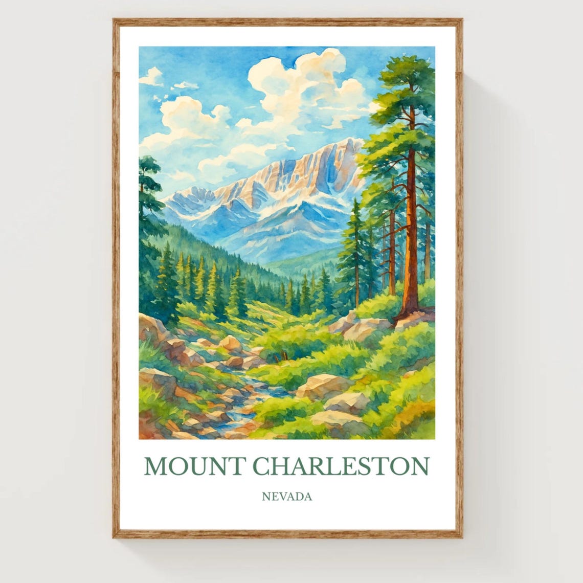 Mount Charleston Nevada Alpine Stream Forest Watercolor Travel Poster