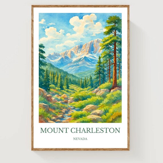 Mount Charleston Nevada Alpine Stream Forest Watercolor Travel Poster