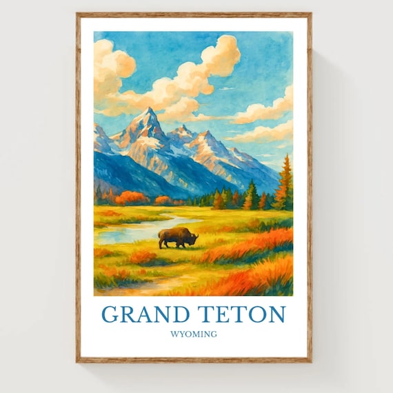 Grand Teton Wyoming Bison Meadow Watercolor Travel Poster Peaks