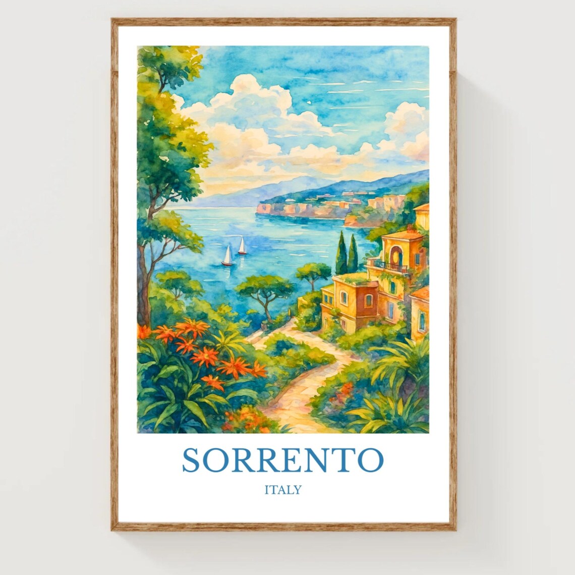 Sorrento Italy Watercolor Poster Amalfi Coast Travel Villa Art