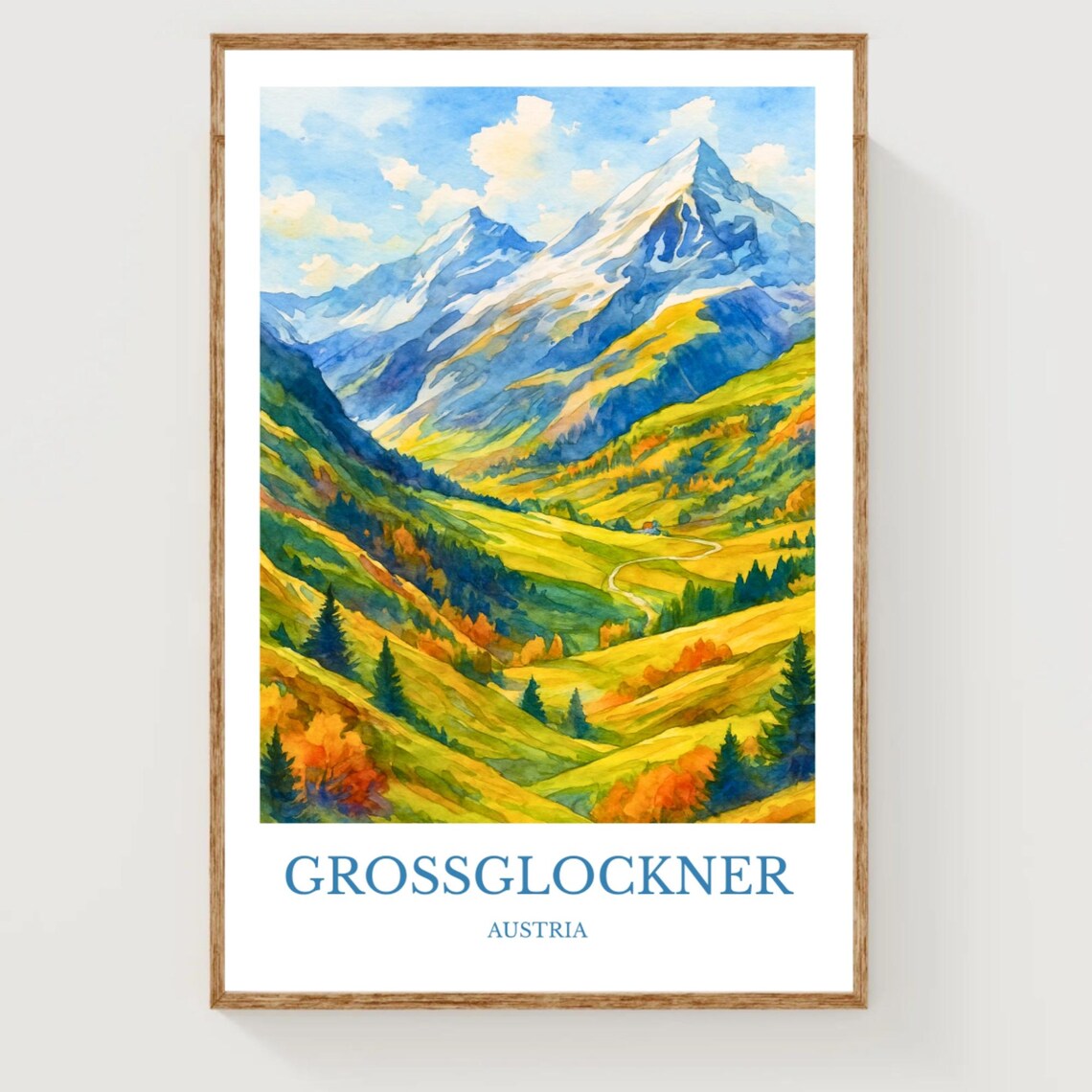 Grossglockner Austria Snow Capped Peak Autumn Valley Watercolor Poster